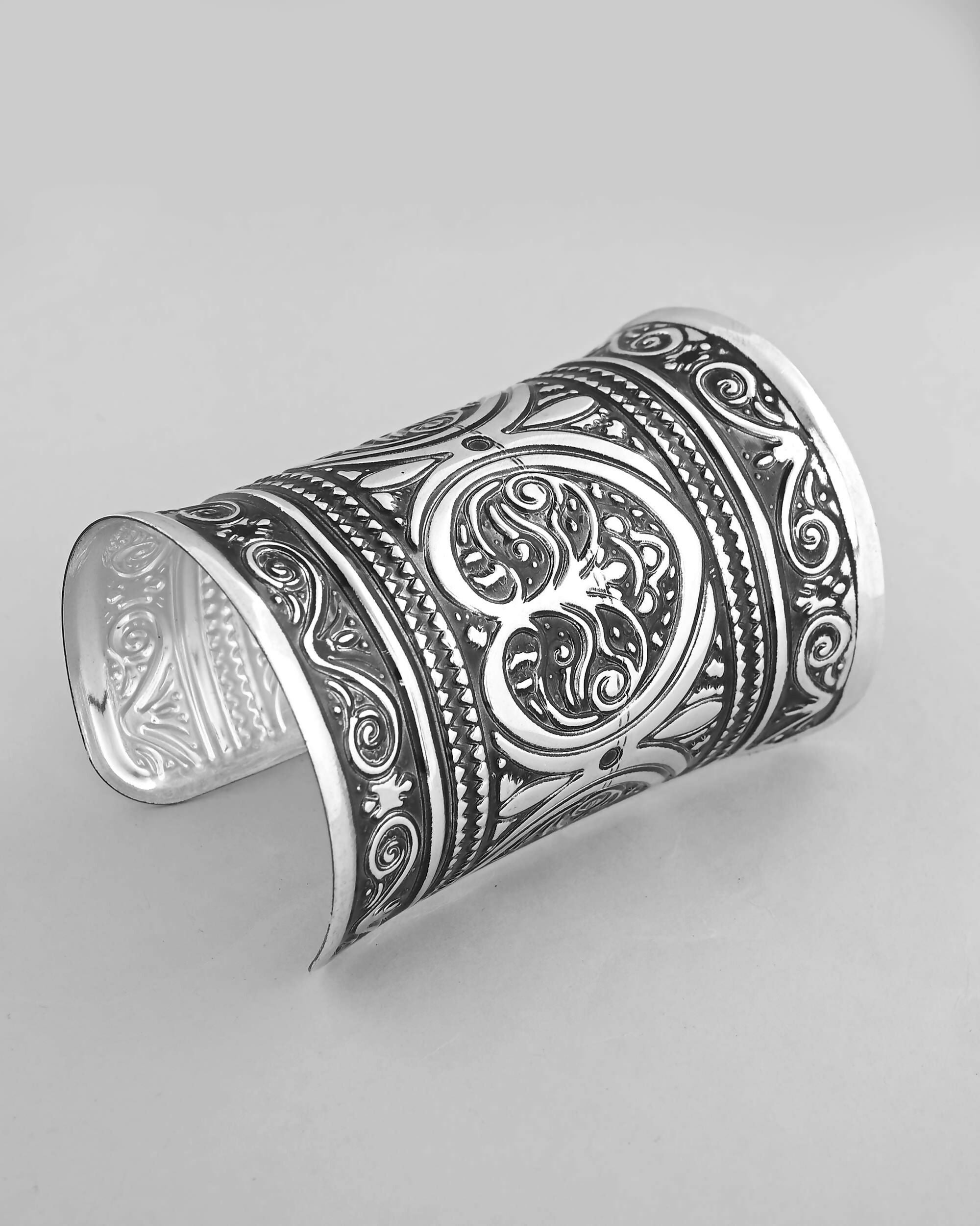 VOJ Silver Plated Oxidised Long Cuff Bracelet | Grab2Buy