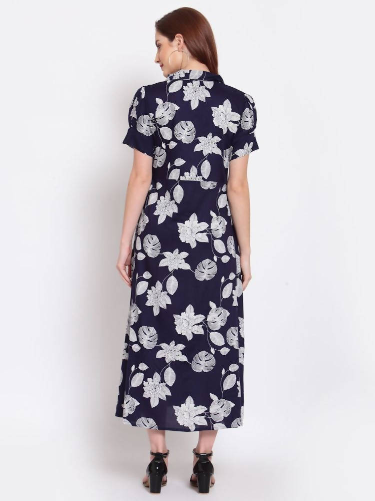 Myshka Women's Navy Blue Printed Cotton Short Sleeve Collar Neck Casual Dress | Grab2Buy