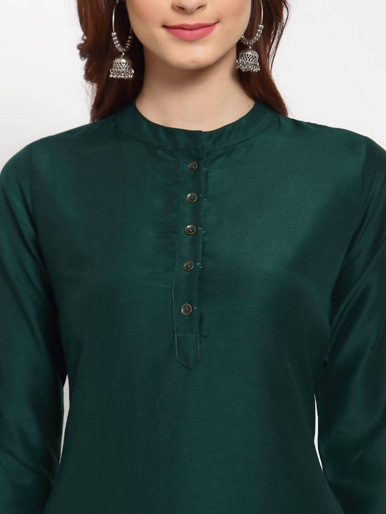 Myshka Women's Green Solid Cotton 3/4 Sleeve Mandarin Neck Casual Kurta Pant Dupatta Set | Grab2Buy
