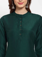 Myshka Women's Green Solid Cotton 3/4 Sleeve Mandarin Neck Casual Kurta Pant Dupatta Set | Grab2Buy