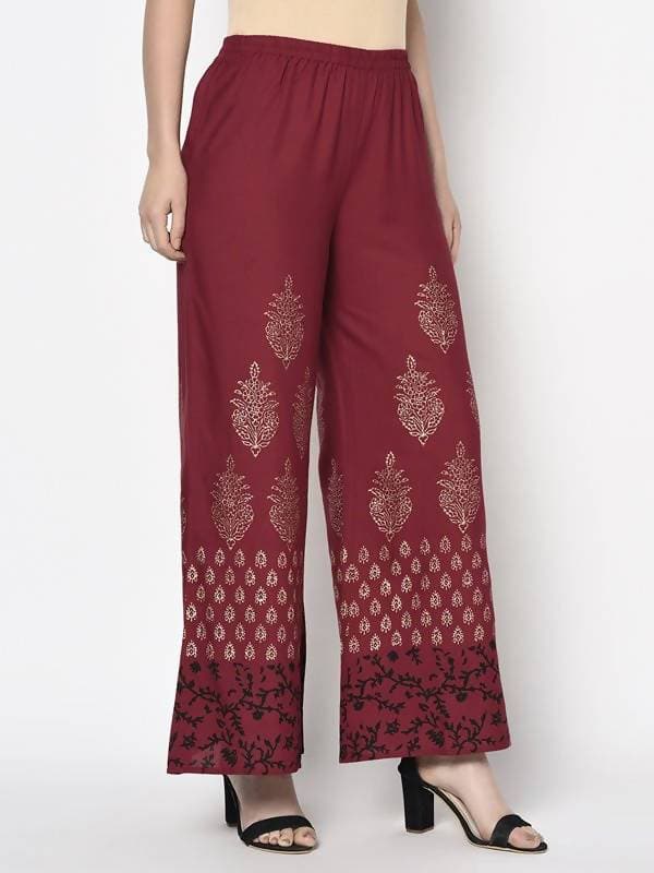 Aniyah Rayon Maroon Color Block Print Flared Slip-On Palazzo (AN-183K) | Grab2Buy