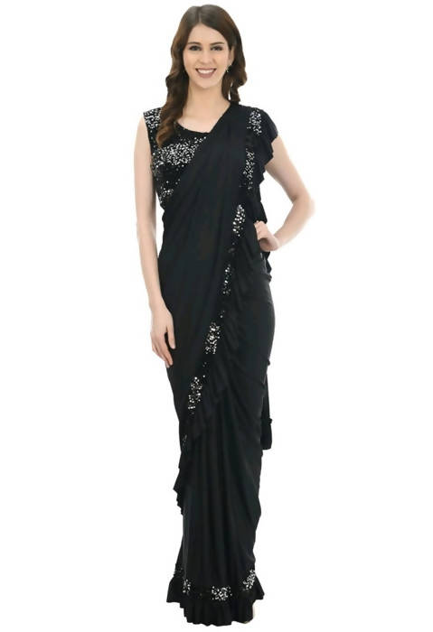 Mominos Fashion All Season Wear Black Ruffled Ready To Wear Saree | Grab2Buy