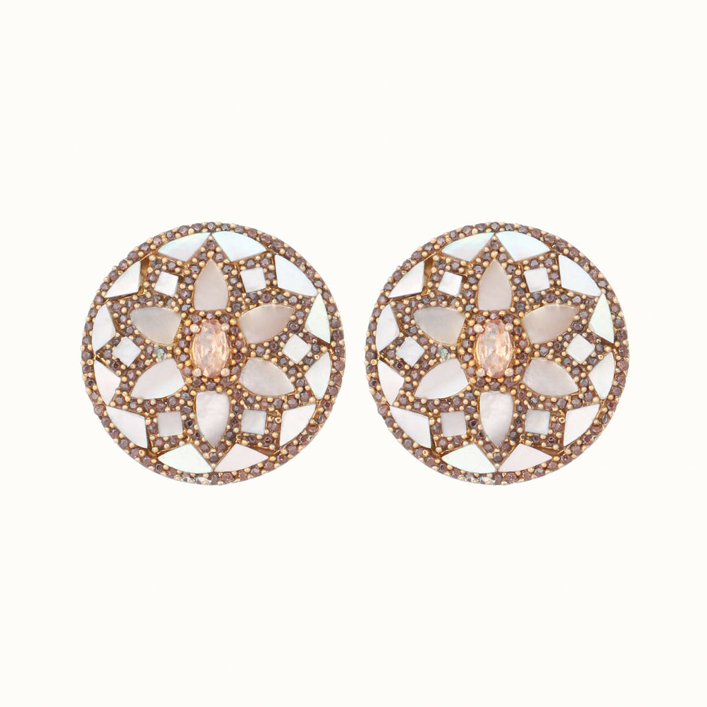 Nuyug 22K Gold Plated Mother of Pearls and Stone Studded Contemporary Floral Shaped Studs | Grab2Buy