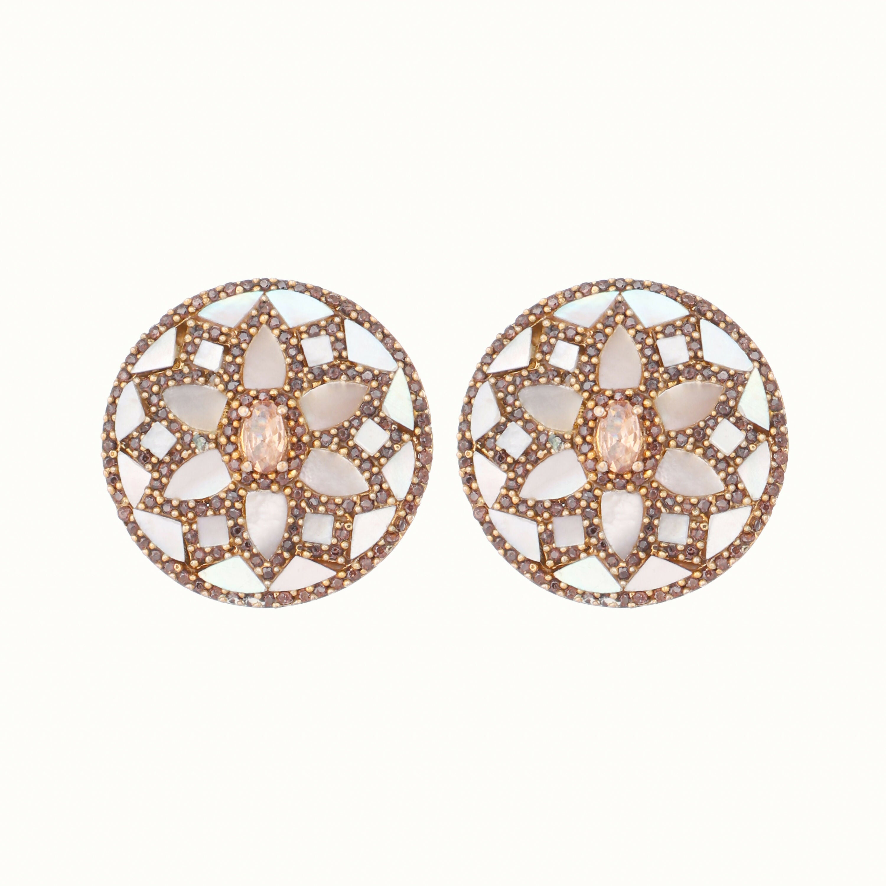 Nuyug 22K Gold Plated Mother of Pearls and Stone Studded Contemporary Floral Shaped Studs | Grab2Buy