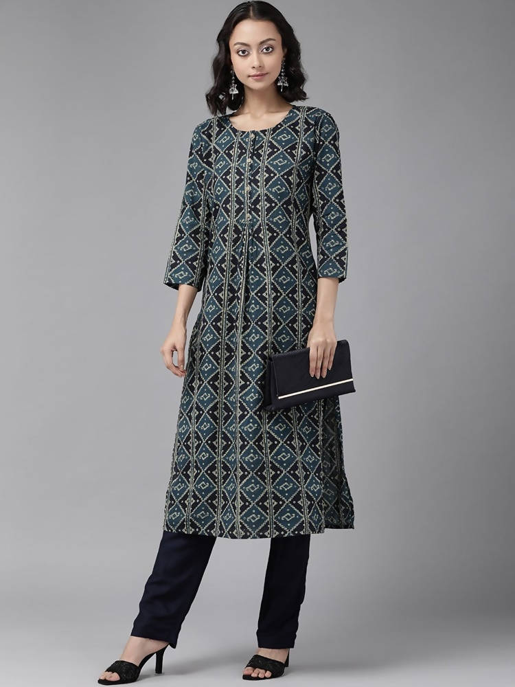 Yufta Teal Blue & Black Printed Pure Cotton Kurta with Palazzo | Grab2Buy