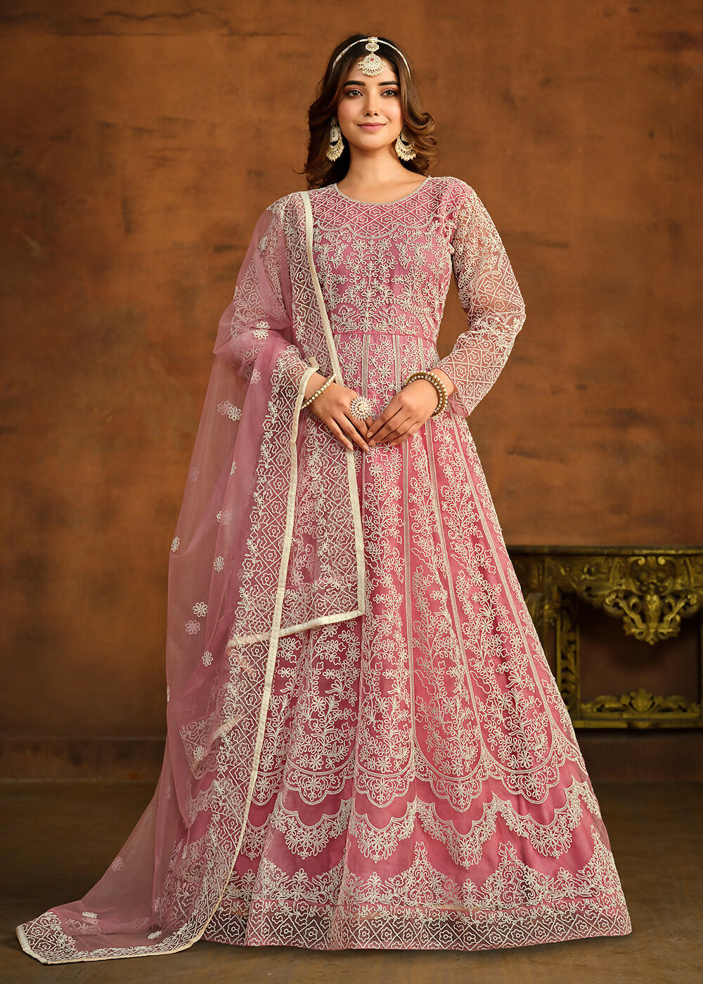 Pink All Over Embroidered Net Wedding Anarkali Suit - Emponline | Grab2Buy
