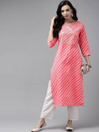 Yufta Women Pink Bandhani Yoke Design Regular Sequined Pure Cotton Kurta with Palazzo | Grab2Buy