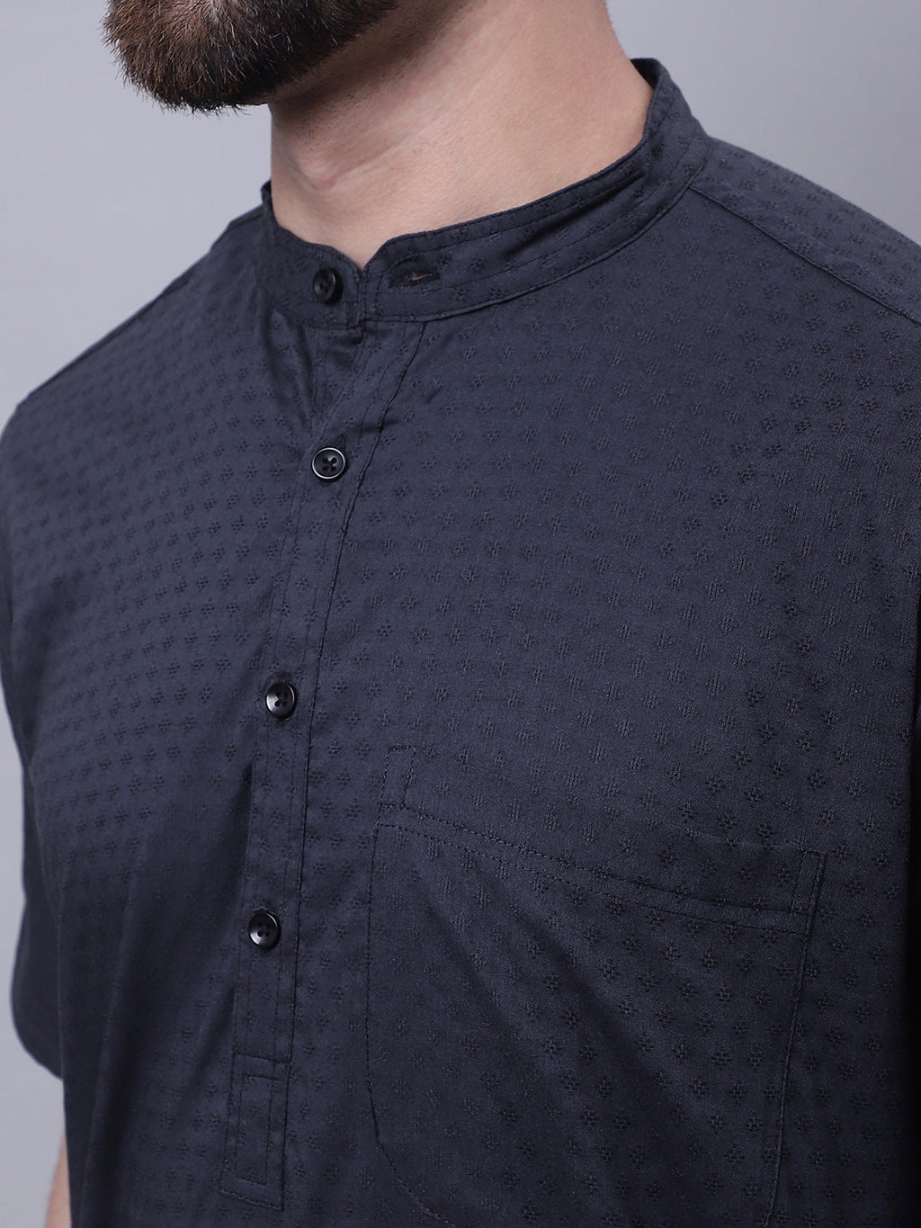 Even Apparels Black Pure Cotton Short Sleeves Kurta With Band Collar | Grab2Buy