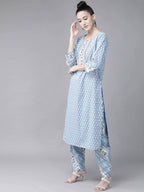 Yufta Women Blue and white printed kurta with Palazzo and Dupatta Set | Grab2Buy