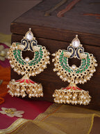 Shoshaa Gold-Polished Green Enamelled Peacock Shaped Jhumkas | Grab2Buy