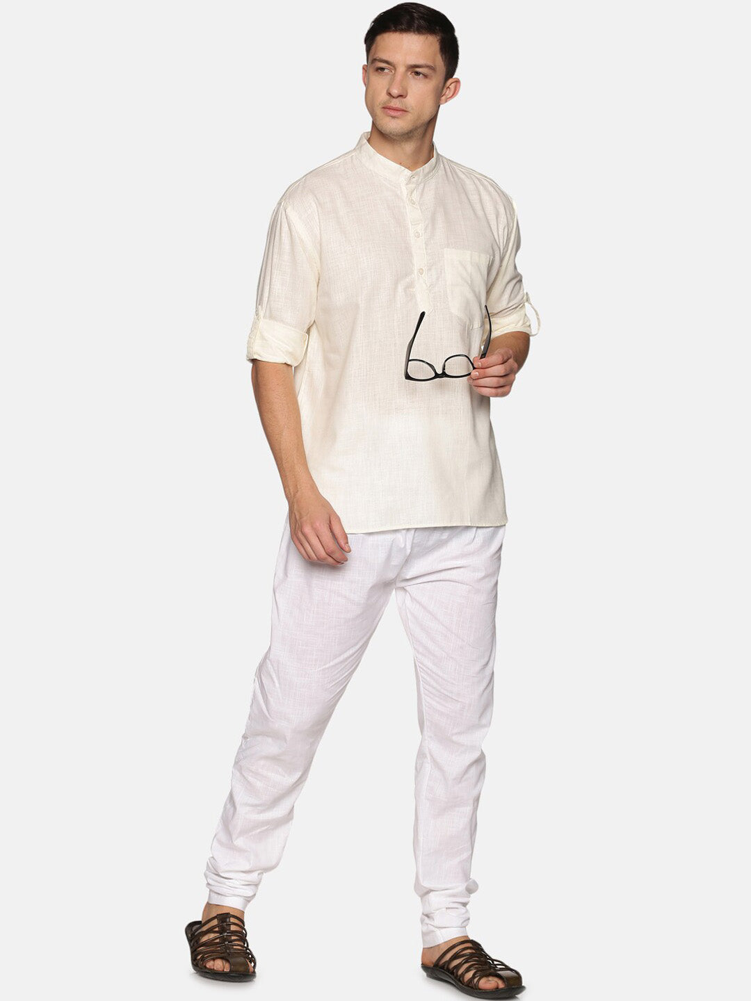 Sethukrishna Men Beige & White Pure Cotton Kurta with Pyjamas | Grab2Buy