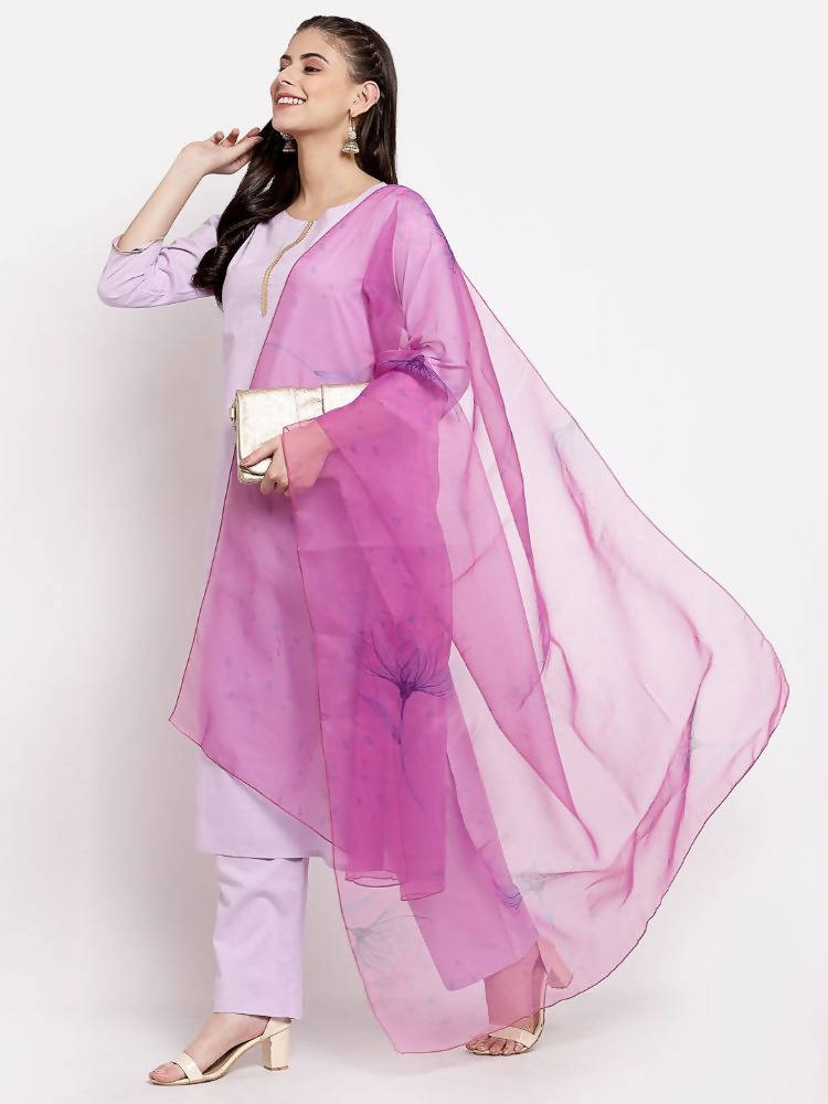 Myshka Women's Light Purple Cotton Solid 3/4 Sleeve Round Neck Casual Kurta Pant Dupatta Set | Grab2Buy