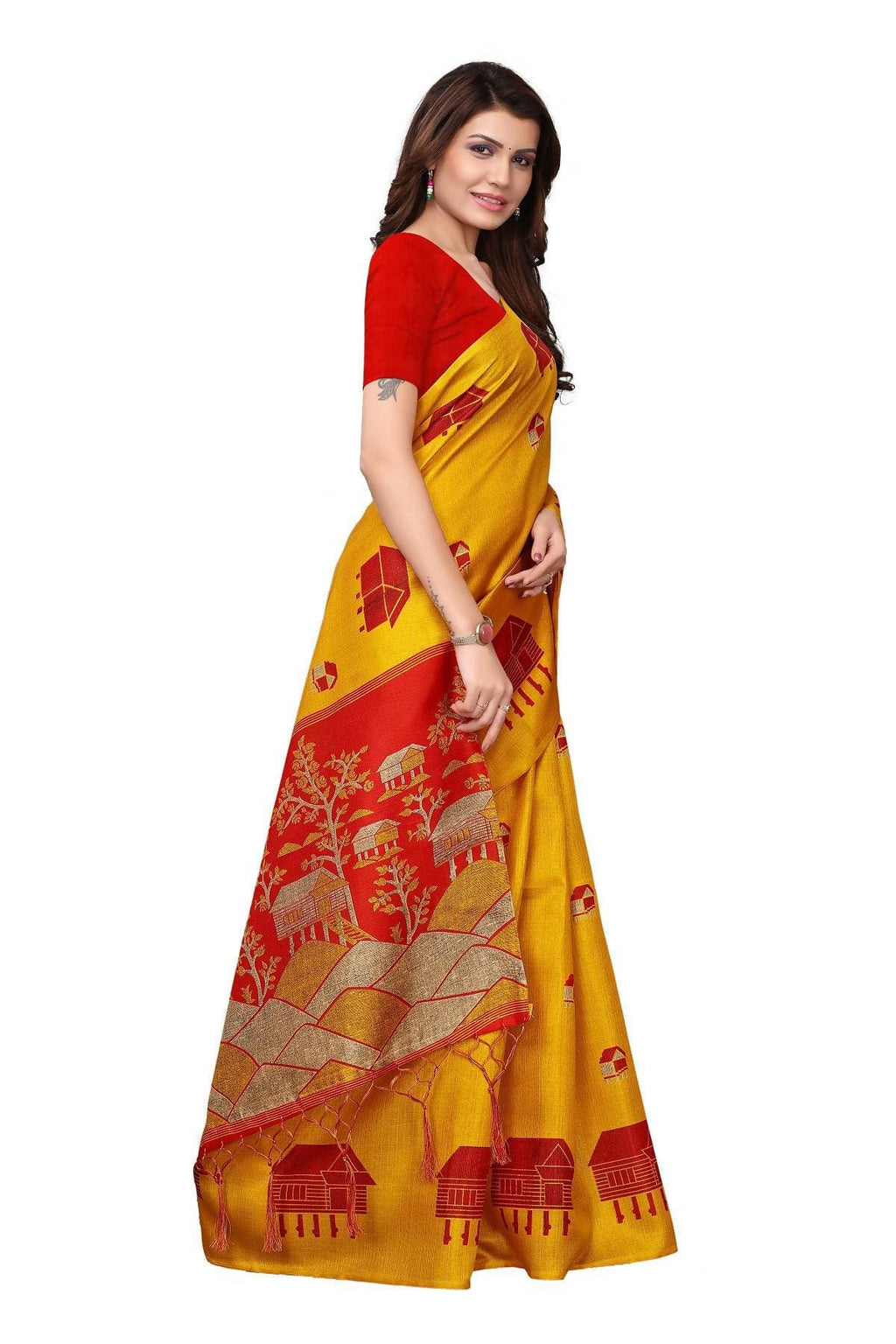 Vamika Latest Fashion Yellow & Red Kalamkari With Jhalar Khadi Silk Saree | Grab2Buy