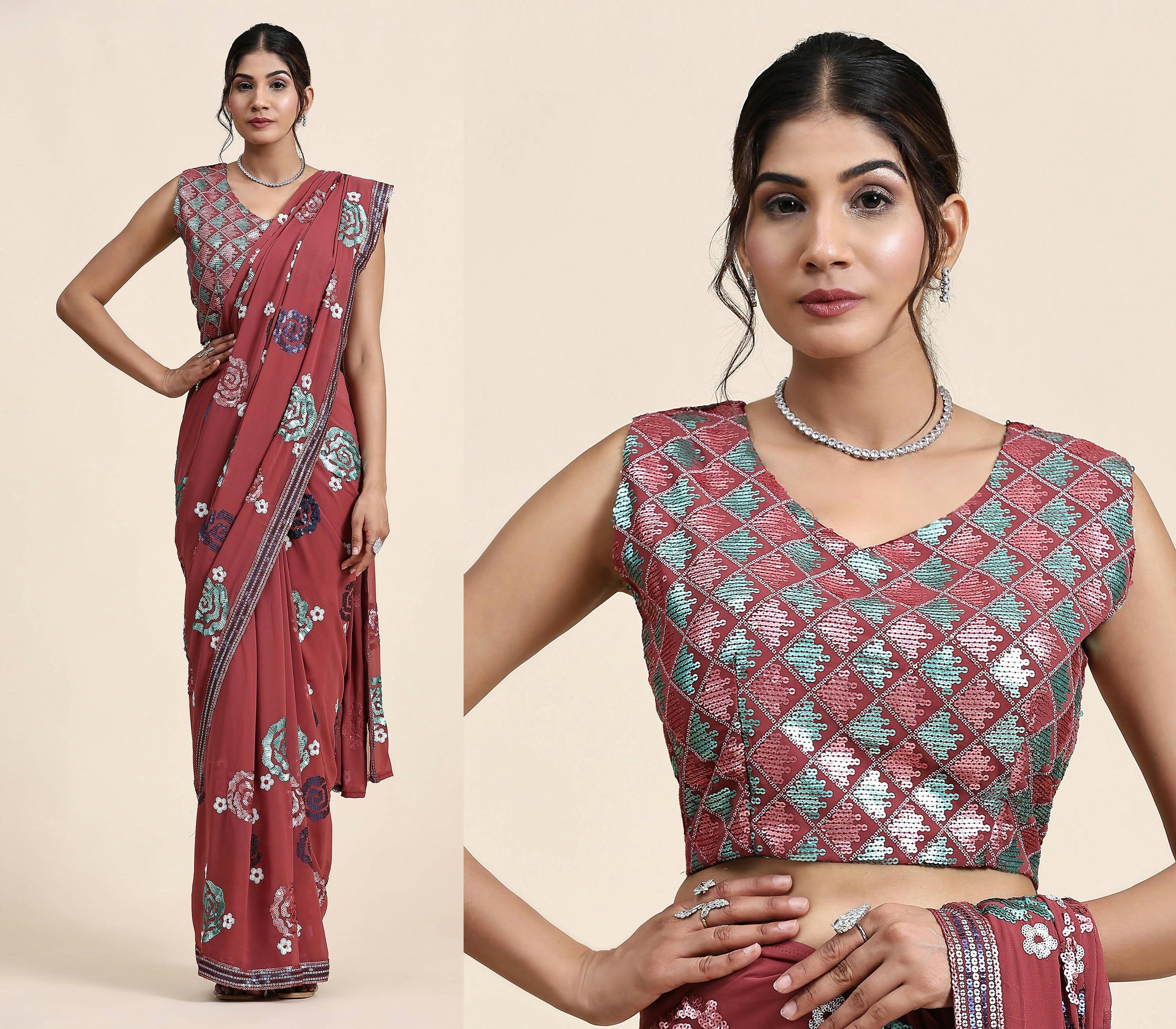 Peach Pure Georgette Sequence work Ready to wear Saree with stitched Blouse - Nirvana | Grab2Buy