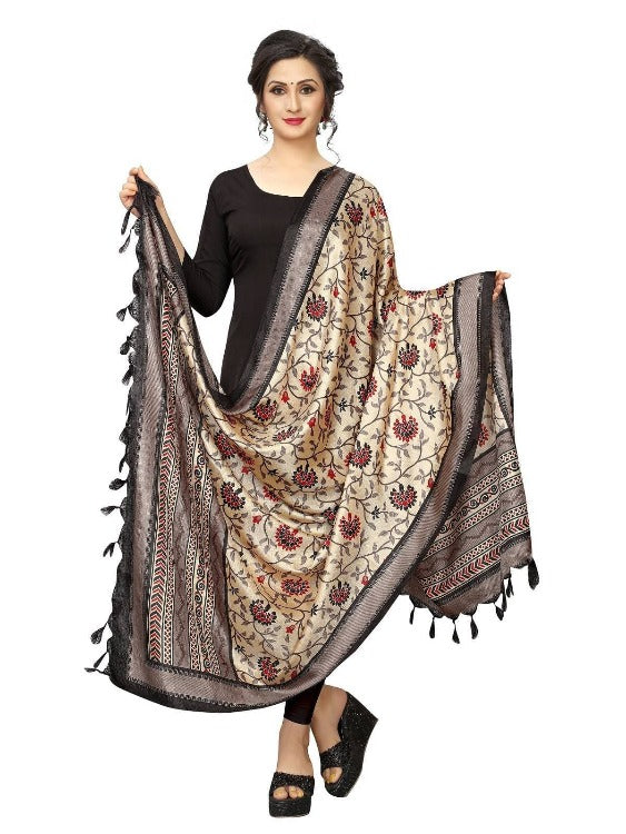 Vamika Flower Printed Black Khadi Bhagalpuri Dupatta | Grab2Buy
