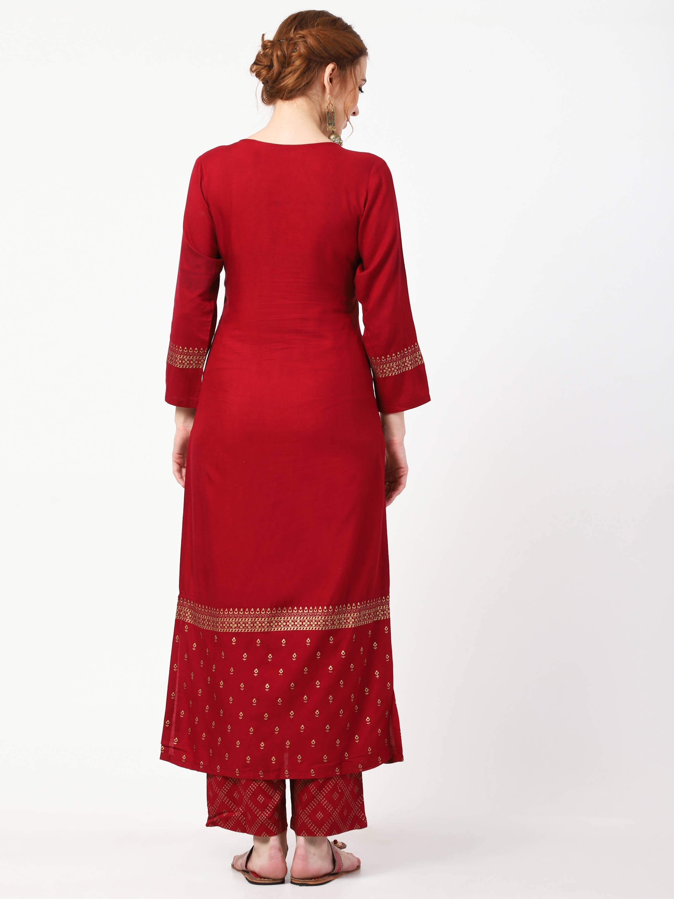 Cheera Gold Printed Maroon Kurta & Palazzo (CH-86KP) | Grab2Buy