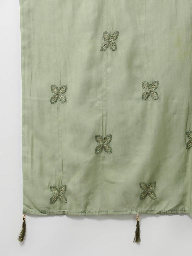 Yufta Women Olive Green Floral Printed Sequined Pure Silk Kurta with Palazzo and Dupatta | Grab2Buy