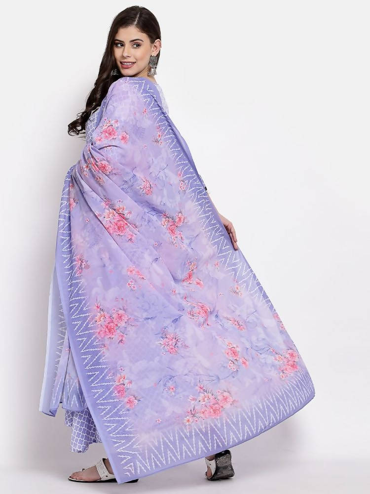 Myshka Women's Purple Silk Printed 3/4 Sleeve Round Neck Casual Anarkali Kurta Dupatta Set | Grab2Buy