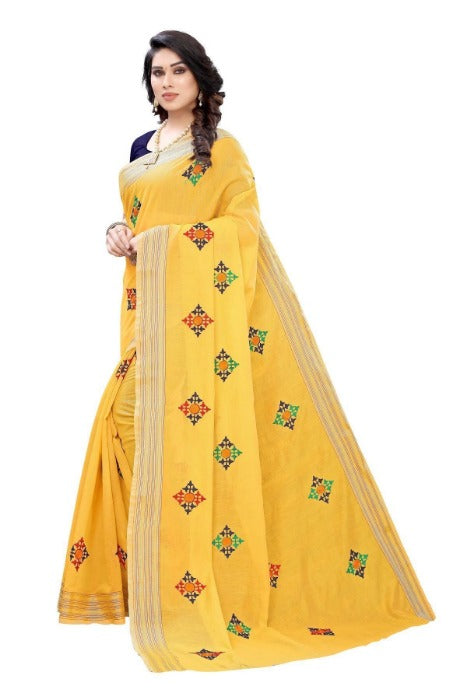 Vamika Chanderi Cotton Box Designed Embroidery Yellow Saree (Dixa Yellow) | Grab2Buy