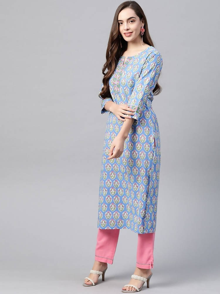 Yufta Women Blue & Pink Handblock Printed Pure Cotton Kurta with Trouser & Dupatta | Grab2Buy
