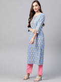 Yufta Women Blue & Pink Handblock Printed Pure Cotton Kurta with Trouser & Dupatta | Grab2Buy