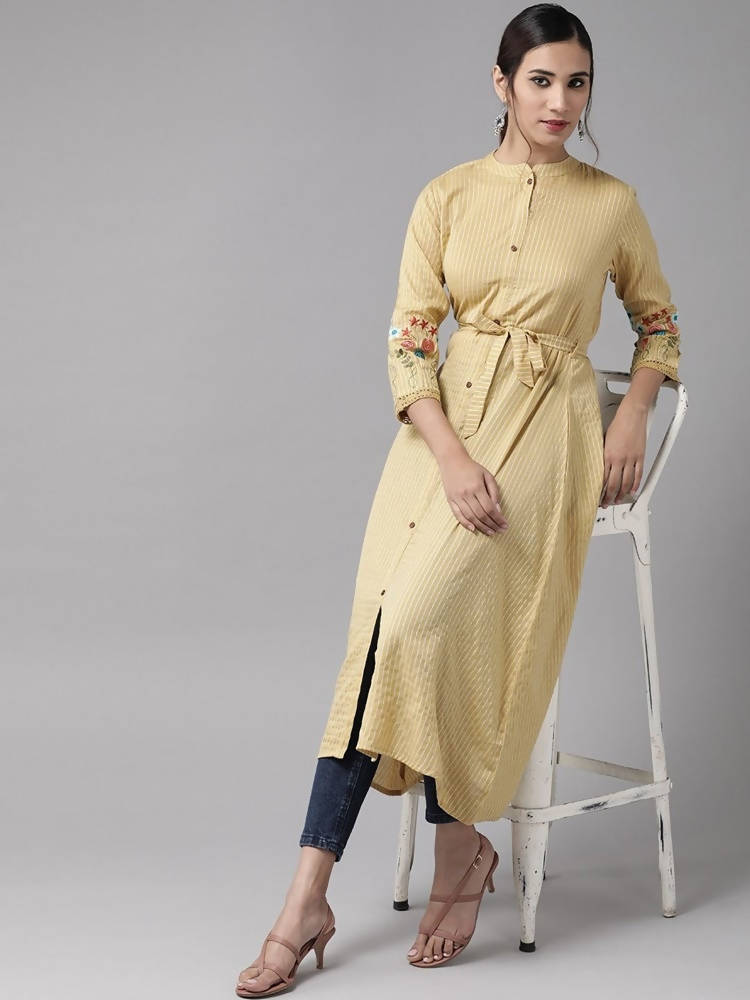 Yufta Women Beige & Off White Striped Thread Work A-Line Kurta With Belt | Grab2Buy