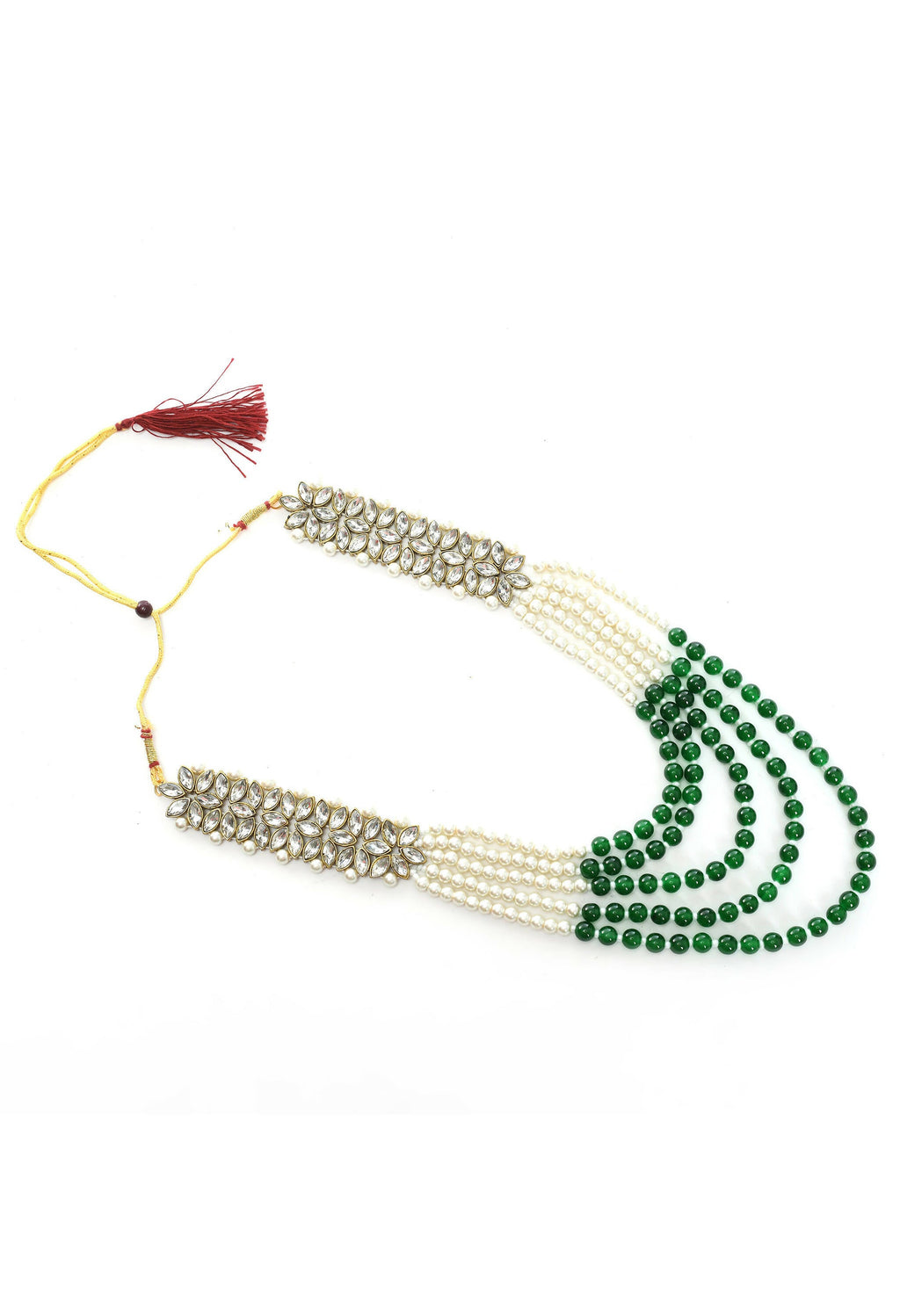 Mominos Fashion Johar Kamal Gold-Polished Rani Haar with Green and Off white Pearls Jewellery Set | Grab2Buy