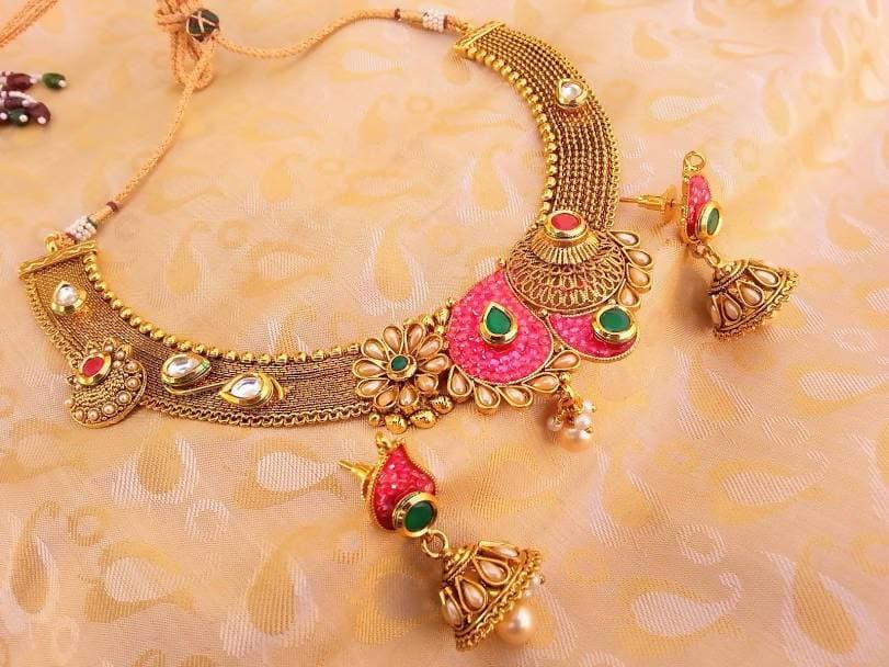 Multicolor Antique Pink And Green Necklace Set | Grab2Buy