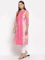 Myshka Women's Pink Cotton Printed 3/4 Sleeve Round Neck Casual Kurta | Grab2Buy