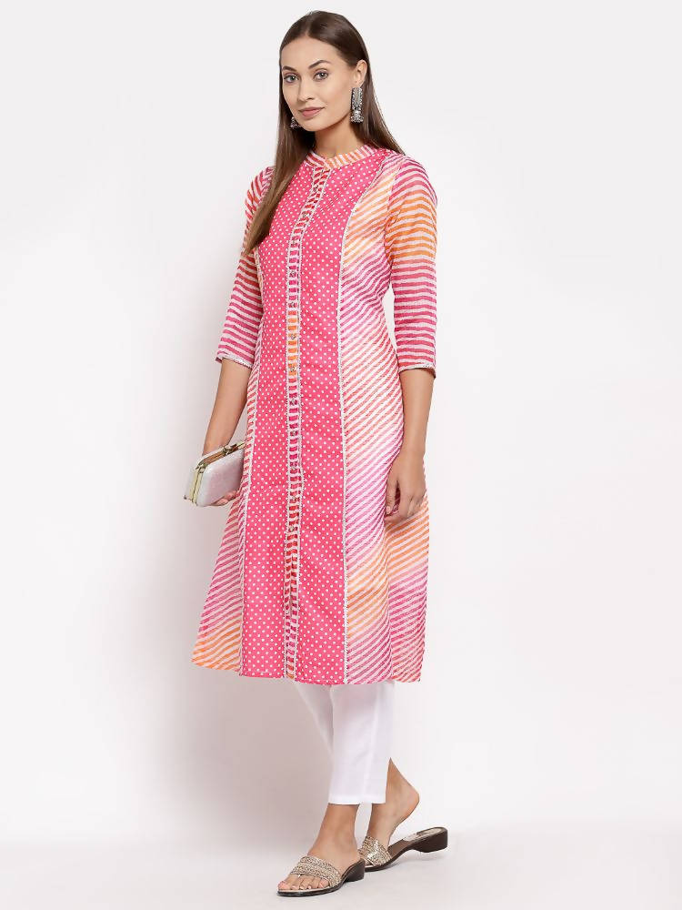 Myshka Women's Pink Cotton Printed 3/4 Sleeve Round Neck Casual Kurta | Grab2Buy