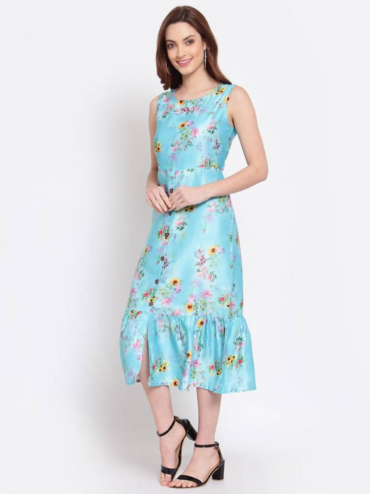 Myshka Women's Green Printed Cotton Blend Sleeveless Round Neck Casual Dress | Grab2Buy