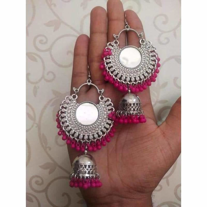 MS Fashion India Pink Color Pearls Chandbali Earrings With Mirror | Grab2Buy