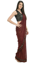 Mominos Fashion All Season Wear Rust And Black Ruffled Ready To Wear Saree | Grab2Buy