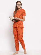 Myshka Women's Brown Cotton Printed Half Sleeve Collar Neck Casual Night suit | Grab2Buy