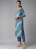 Yufta Women Blue Bandhani Printed Embroidered Detail Cotton Kurta with Trouser & Dupatta | Grab2Buy