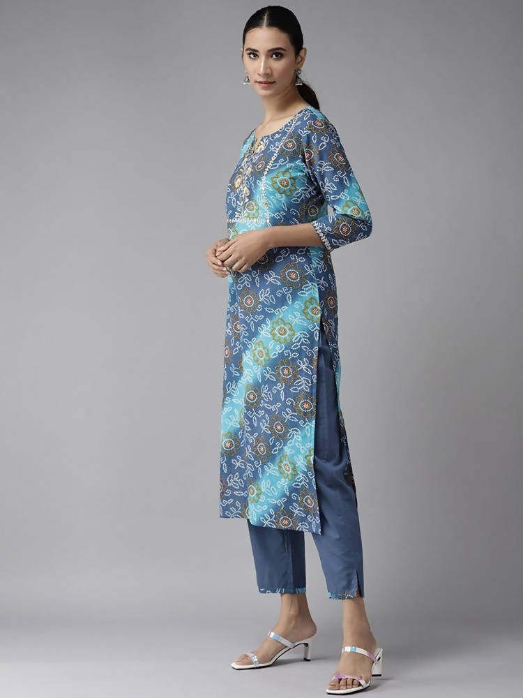 Yufta Women Blue Bandhani Printed Embroidered Detail Cotton Kurta with Trouser & Dupatta | Grab2Buy