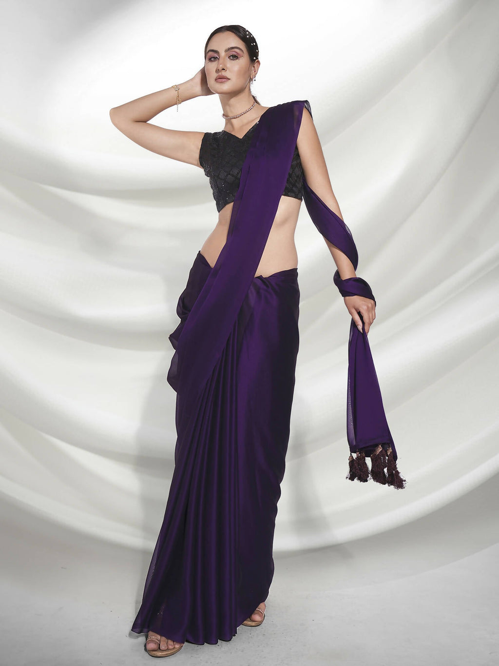 Purple Organza Solid Saree With Unstitched Blouse Piece - Shanaya | Grab2Buy
