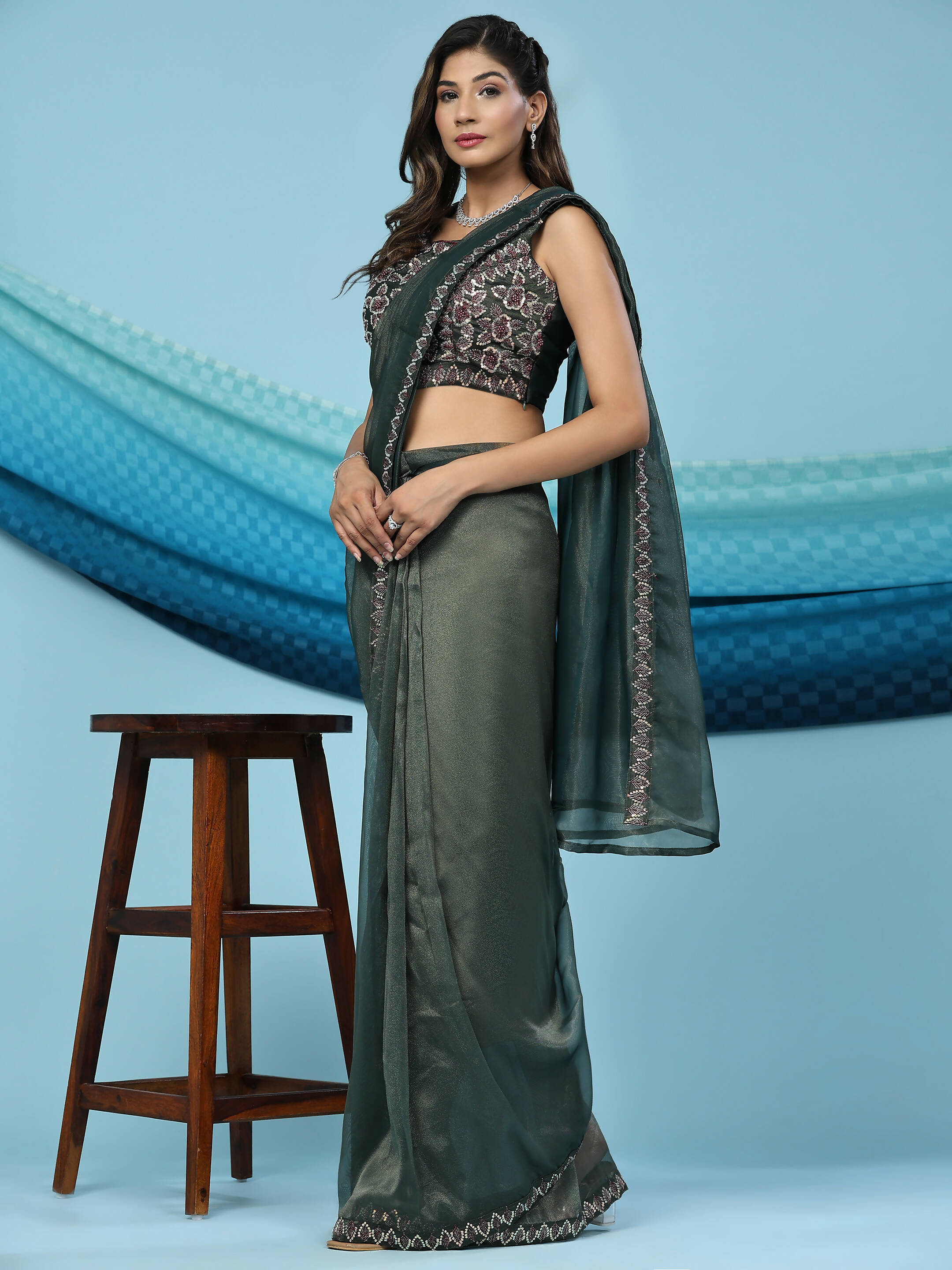 Green Lycra Shimmer Pattern Ready to Wear Saree with stitched Blouse - Nirvana | Grab2Buy