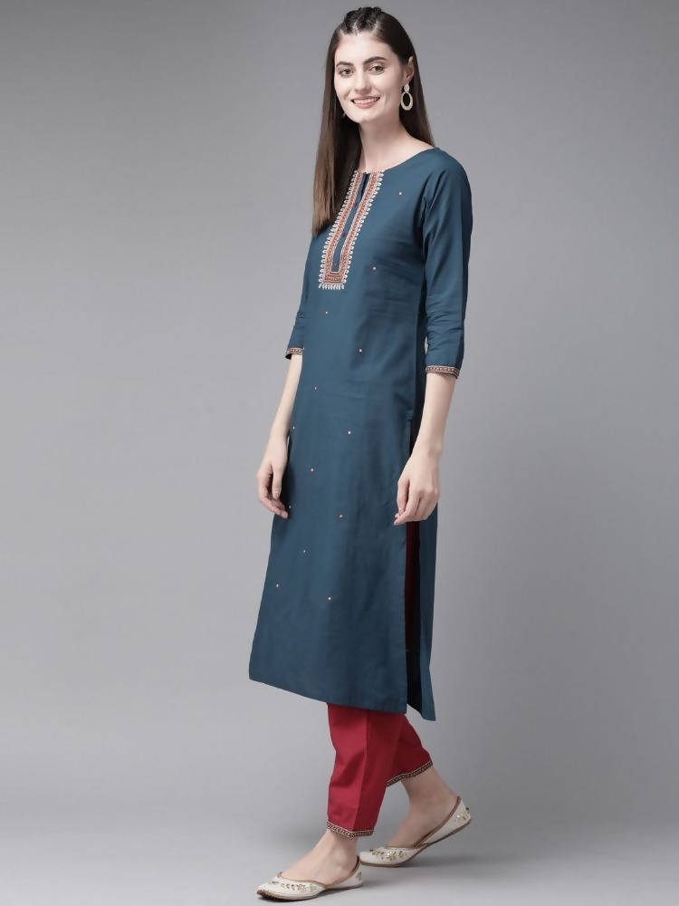 Yufta Navy Blue and Maroon Embroidered Kurta Palazzo Set | Grab2Buy