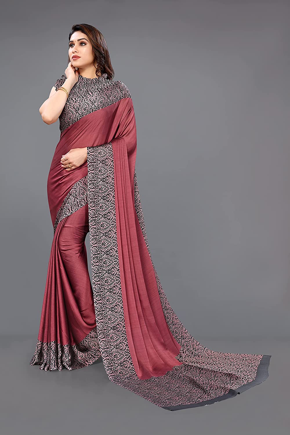 Mirchi Fashion Women's Pink & Black Printed Chiffon Saree | Grab2Buy