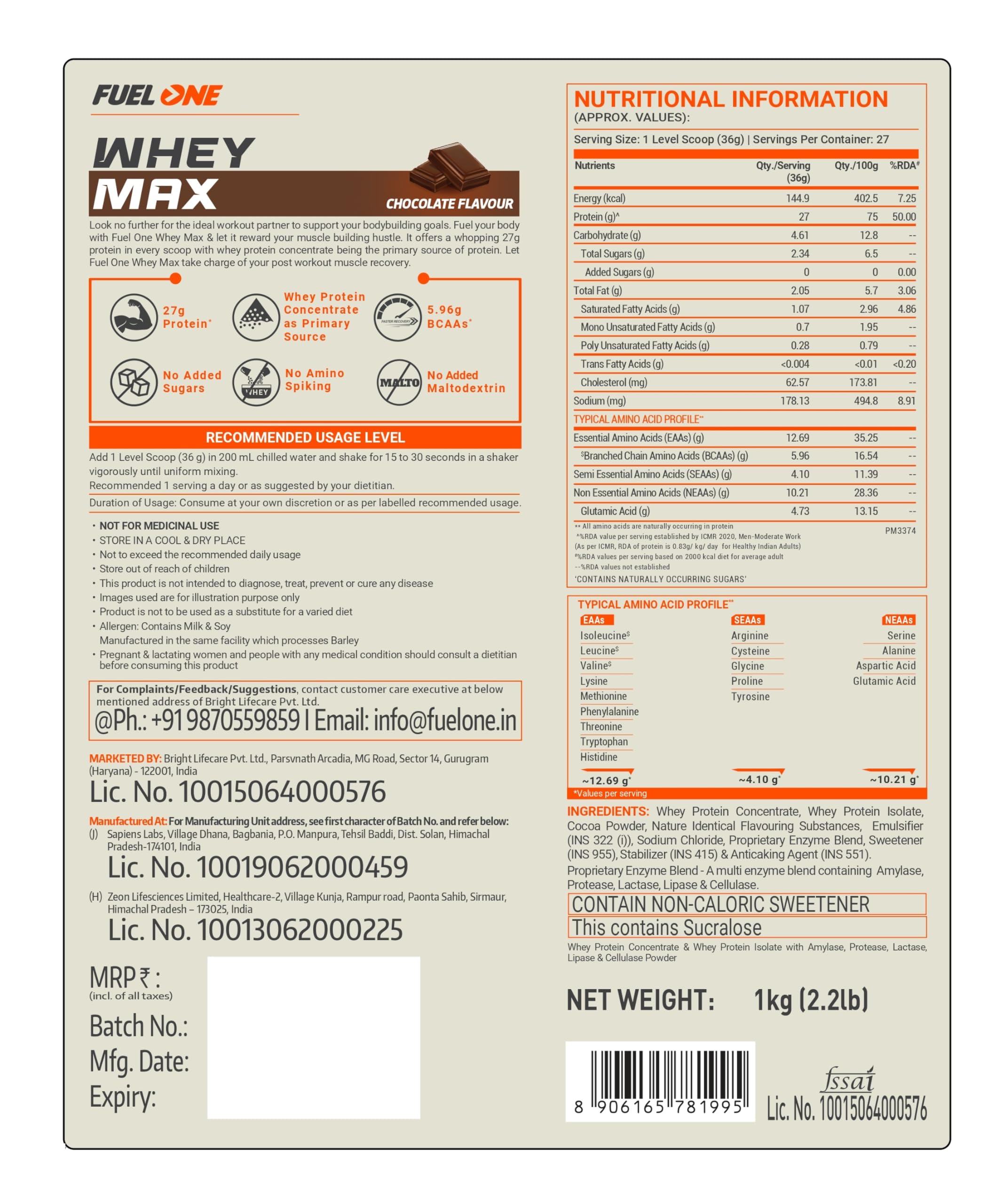 FUELONE Whey Max - Chocolate and Creatine Monohydrate Combo | Grab2Buy