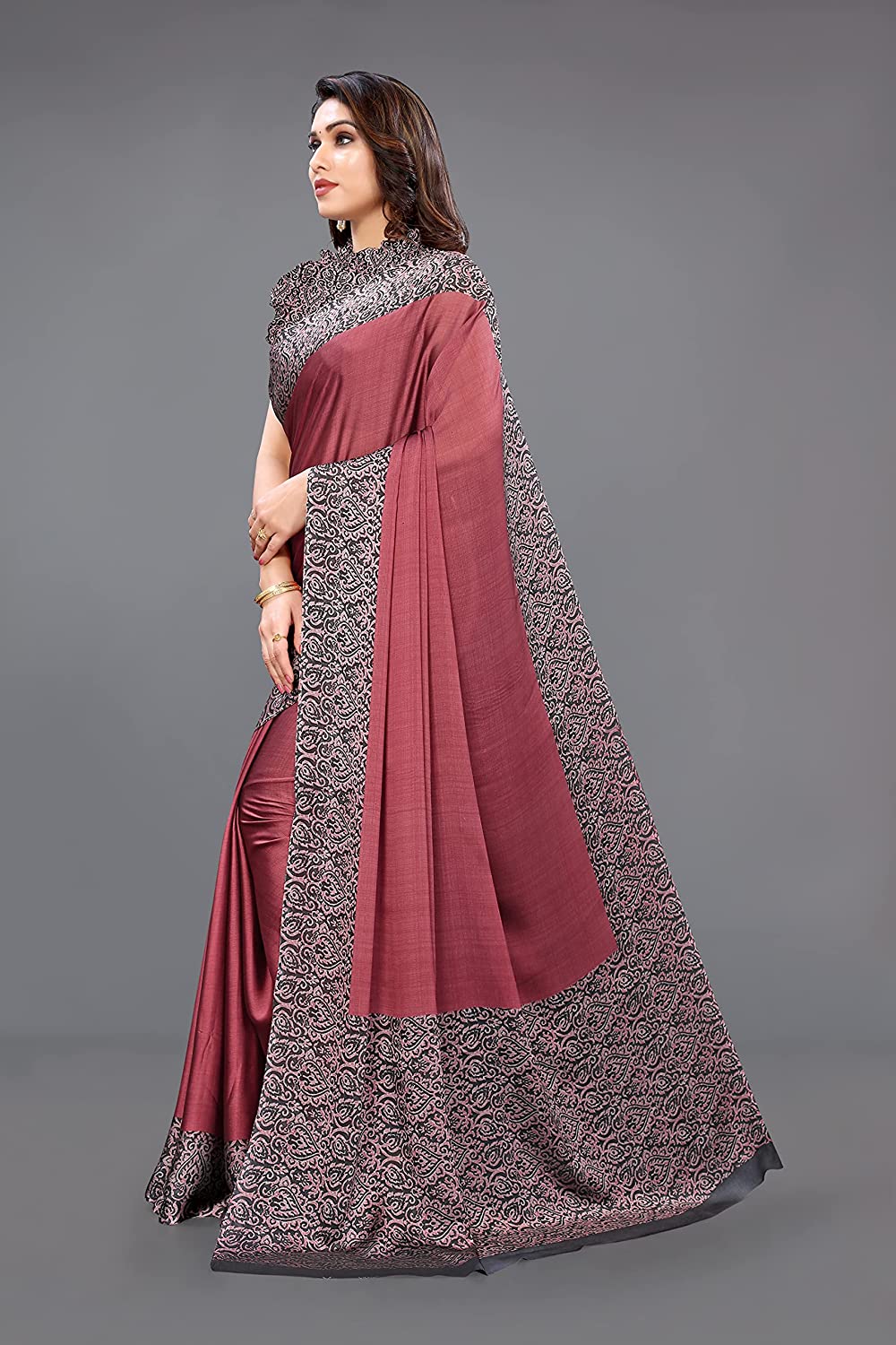 Mirchi Fashion Women's Pink & Black Printed Chiffon Saree | Grab2Buy
