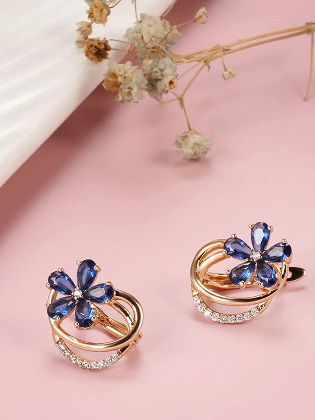 Shining Diva Rose Gold-Polished Blue Floral Studs Earrings | Grab2Buy