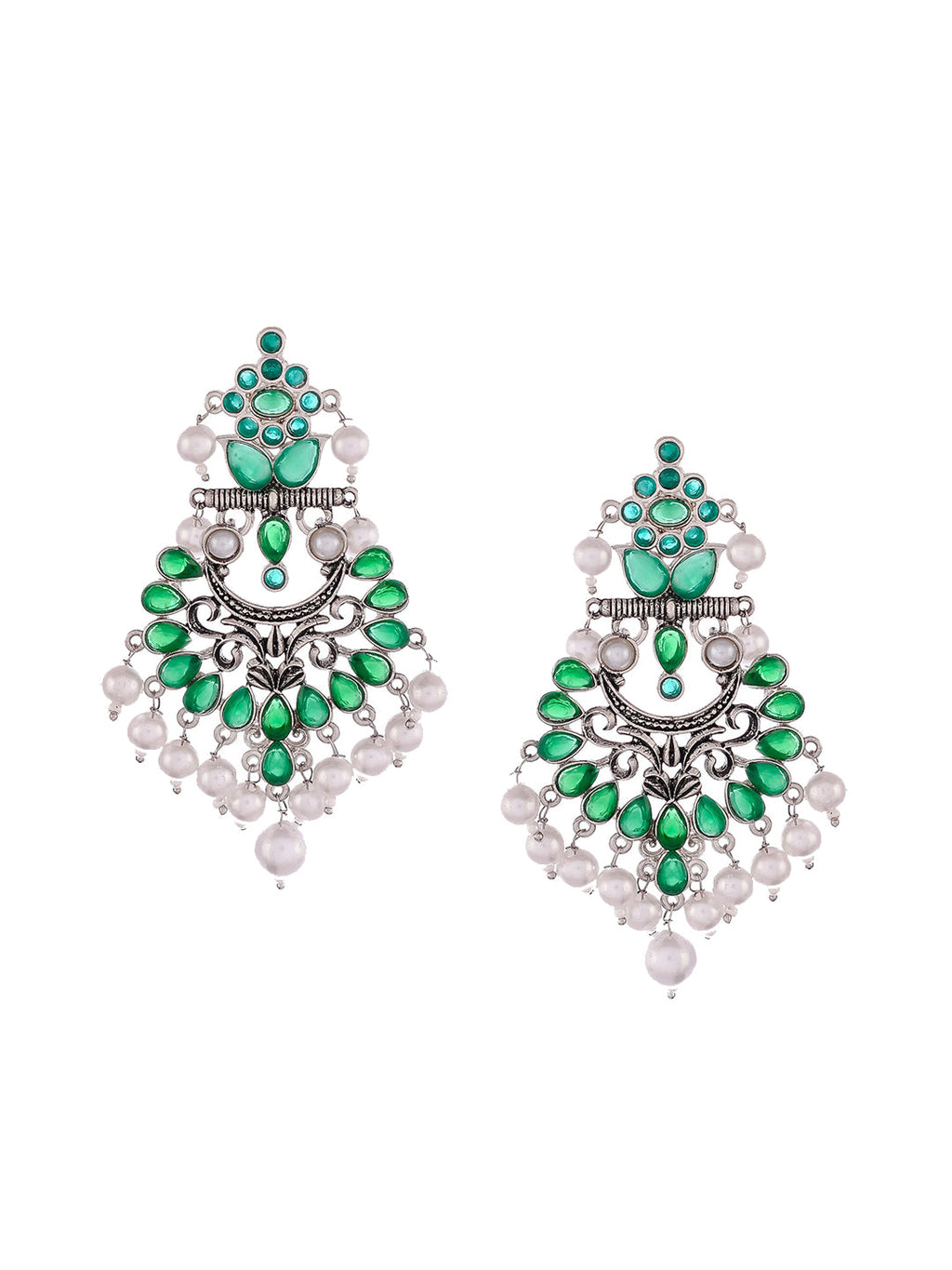 Shoshaa Silver-Plated Green Handcrafted Drop Earrings With Pearl | Grab2Buy