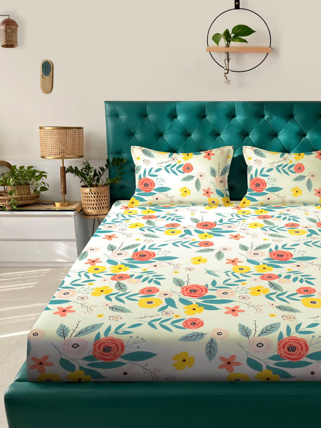 KLOTTHE White & Blue Floral Printed 300 TC King Bedsheet With 2 Pillow covers | Grab2Buy