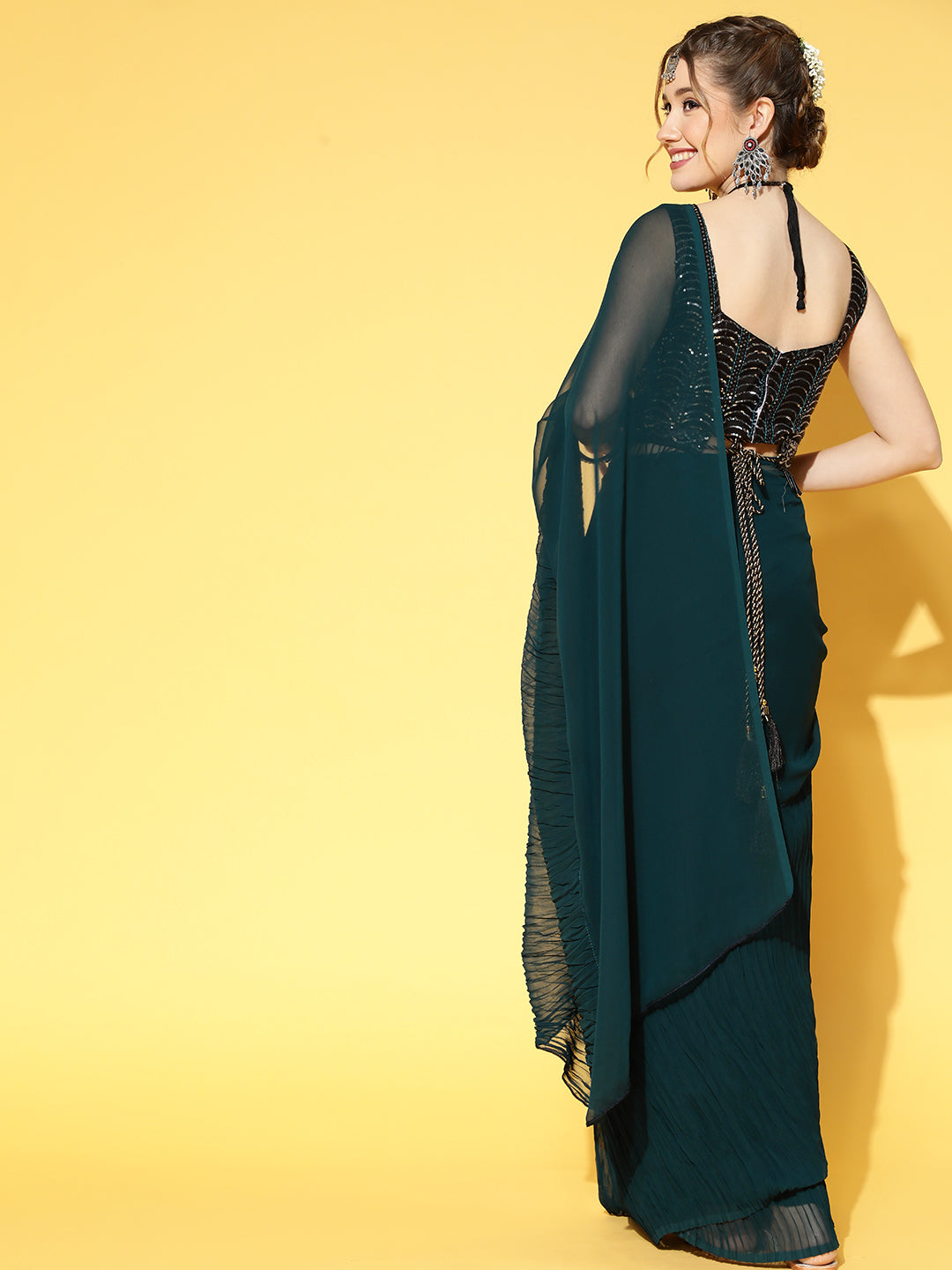 Saree Mall Teal Green & Black Solid Poly Georgette Party Saree with Matching Blouse | Grab2Buy