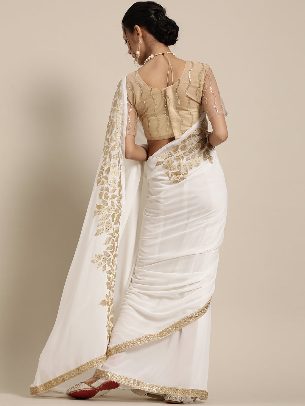 Saree Mall White & Golden Floral Muga Saree | Grab2Buy