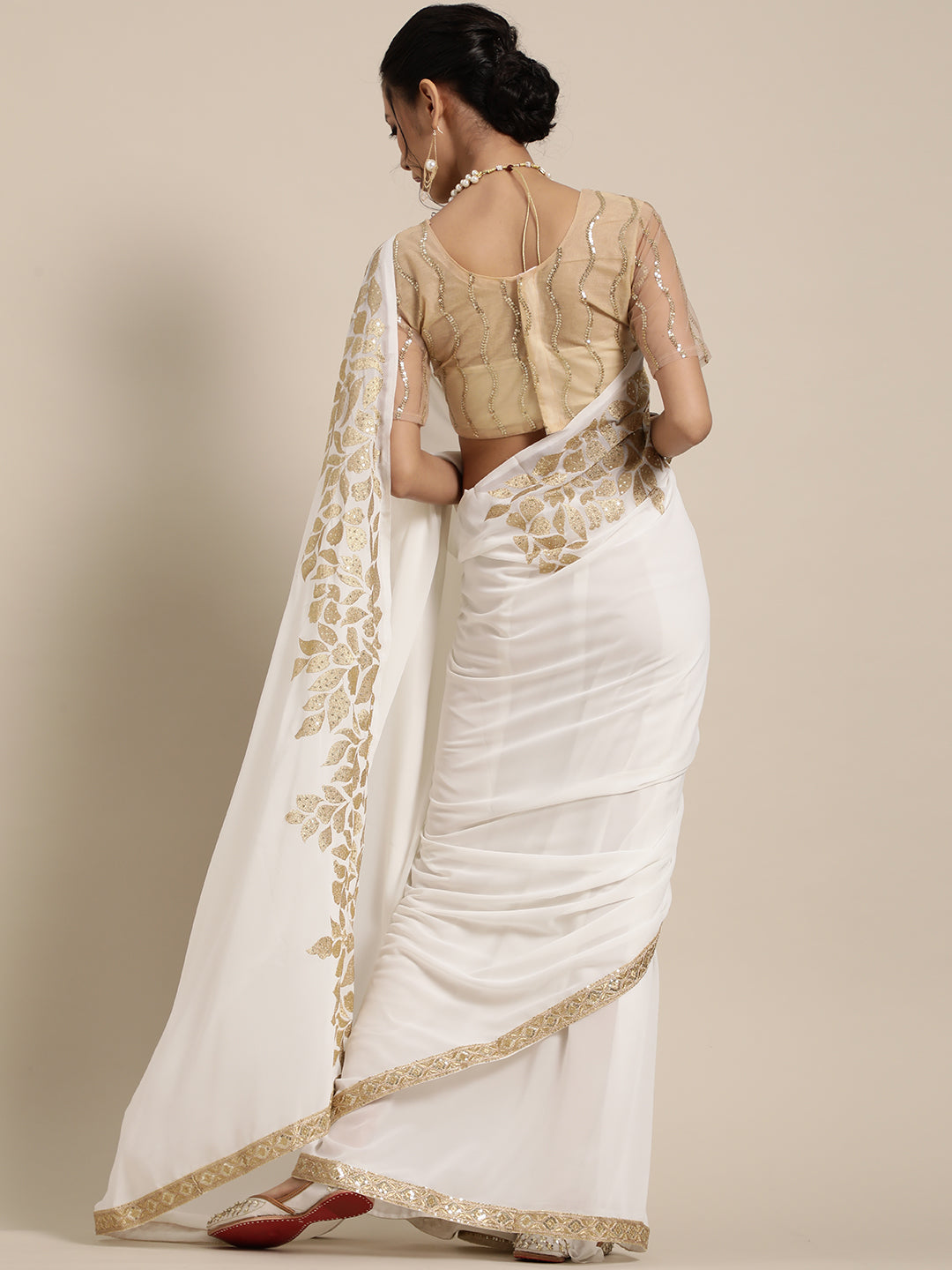 Saree Mall White & Golden Floral Muga Saree | Grab2Buy