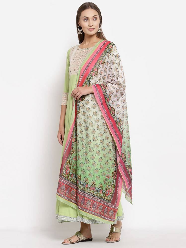 Myshka Women's Green Royan Printed 3/4 Sleeve Round Neck Casual Anarkali Kurta Dupatta Set | Grab2Buy