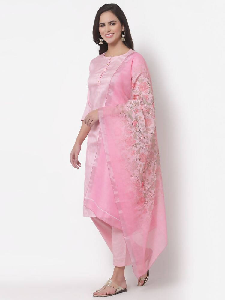 Myshka Women's Cotton 3/4 Sleeve Round Neck Casual Pink Kurta Pant Dupatta Set | Grab2Buy